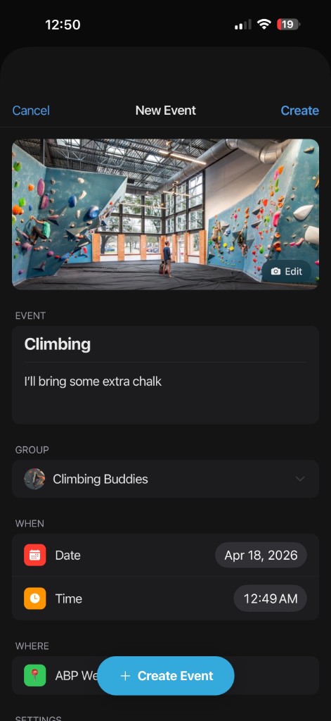Turnout New Event screen with title, notes, group, date, time, and location