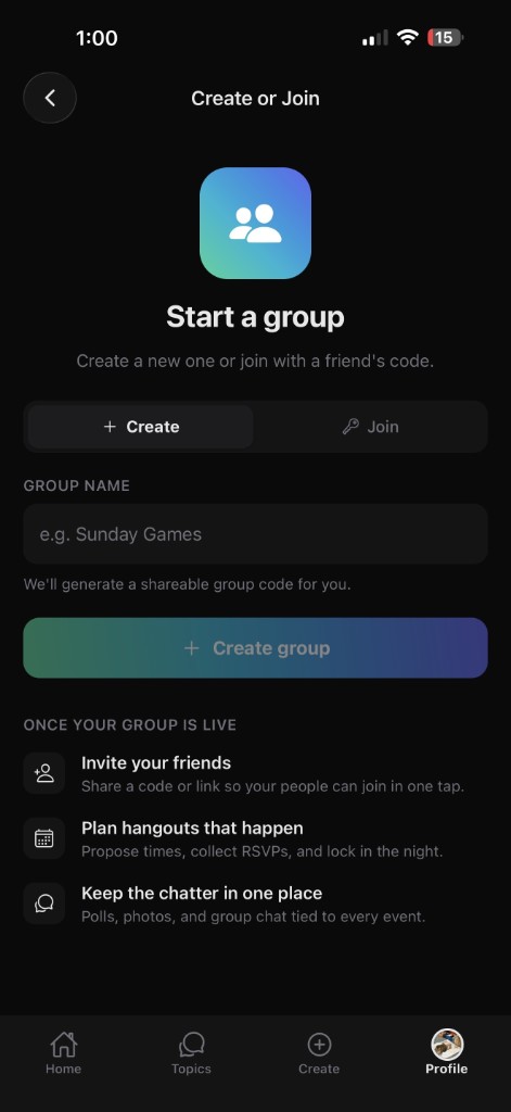 Turnout Create or Join screen: create a new group or join with a code