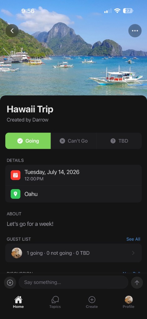 Turnout event screen in dark mode with RSVP and details