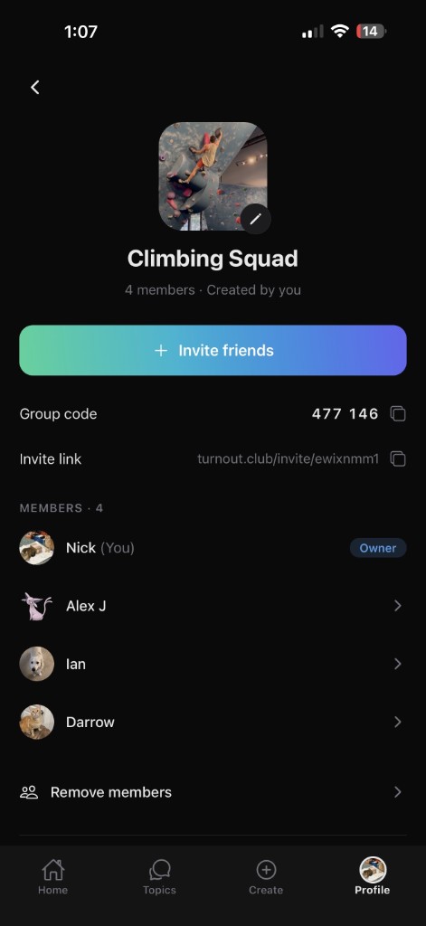 Turnout group screen: invite link, group code, and members list