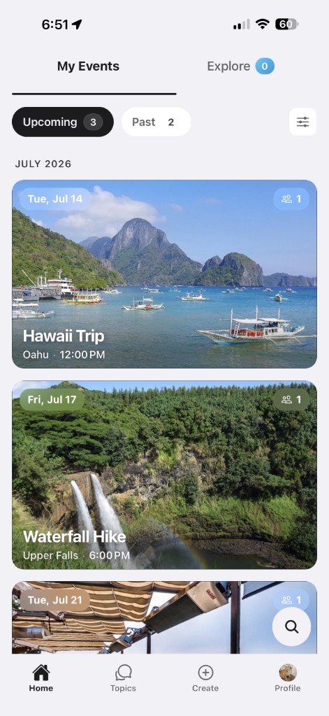 Turnout app showing My Events with upcoming hangouts